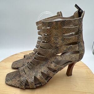 Aquatalia Snakeskin Booties Womens 9 Leather Brown Open Toe Heels Made in Italy